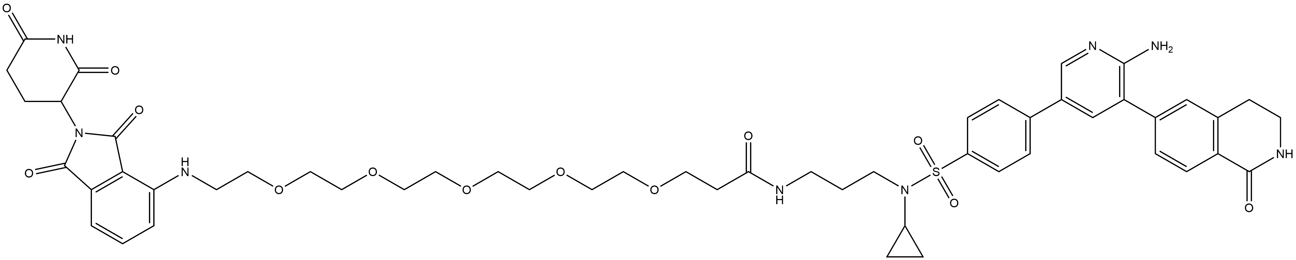 4,7,10,13,16-Pentaoxaoctadecanamide, N-[3-[[[4-[6-amino-5-(1,2,3,4-tetrahydro-1-oxo-6-isoquinolinyl)-3-pyridinyl]phenyl]sulfonyl]cyclopropylamino]propyl]-18-[[2-(2,6-dioxo-3-piperidinyl)-2,3-dihydro-1,3-dioxo-1H-isoindol-4-yl]amino]- Structure