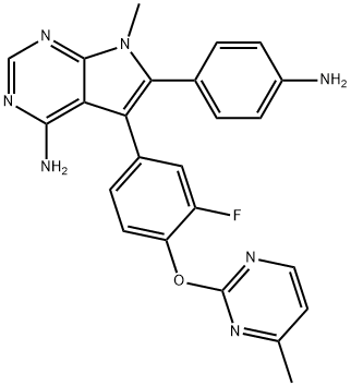 7H-Pyrrolo[2,3-d]pyrimidin-4-amine, 6-(4-aminophenyl)-5-[3-fluoro-4-[(4-methyl-2-pyrimidinyl)oxy]phenyl]-7-methyl- Structure