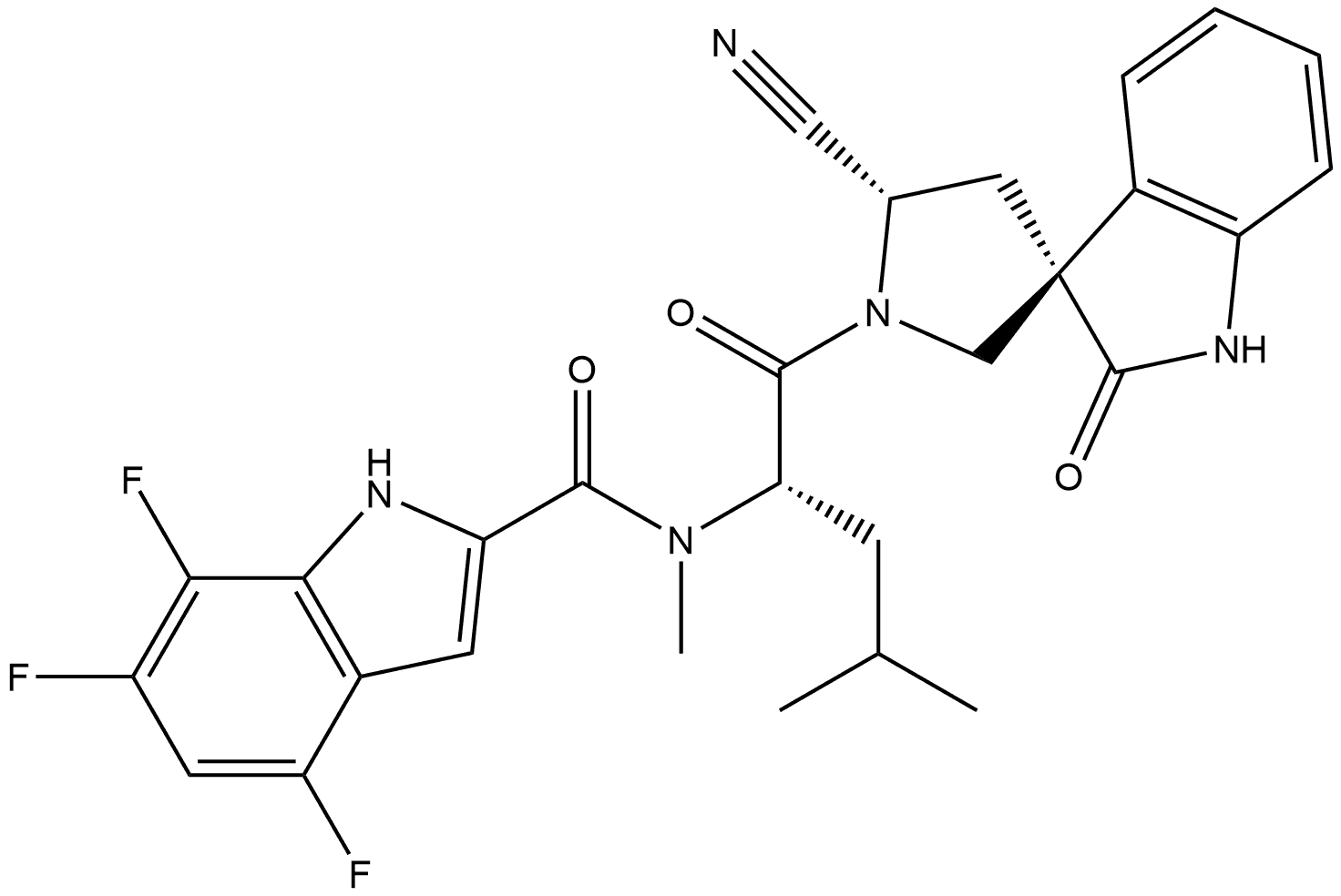 N-[(1S)-1-[[(3R,5′S)-5′-Cyano-1,2-dihydro-2-oxospiro[3H-indole-3,3′-pyrrolidin]-1′-yl]carbonyl]-3-methylbutyl]-4,6,7-trifluoro-N-methyl-1H-indole-2-carboxamide Structure