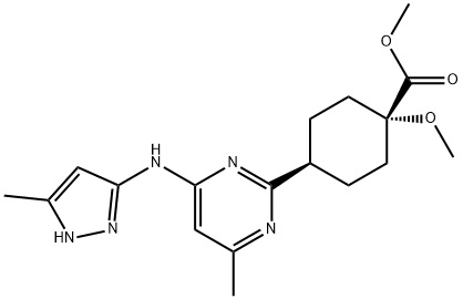 Cyclohexanecarboxylic acid, 1-methoxy-4-[4-methyl-6-[(5-methyl-1H-pyrazol-3-yl)amino]-2-pyrimidinyl]-, methyl ester, cis- 구조식 이미지