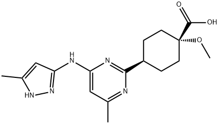Cyclohexanecarboxylic acid, 1-methoxy-4-[4-methyl-6-[(5-methyl-1H-pyrazol-3-yl)amino]-2-pyrimidinyl]-, cis- 구조식 이미지