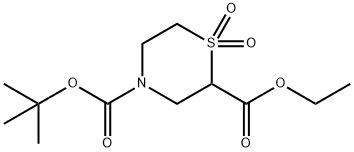 2,4-Thiomorpholinedicarboxylic acid, 4-(1,1-dimethylethyl) 2-ethyl ester, 1,1-dioxide 구조식 이미지