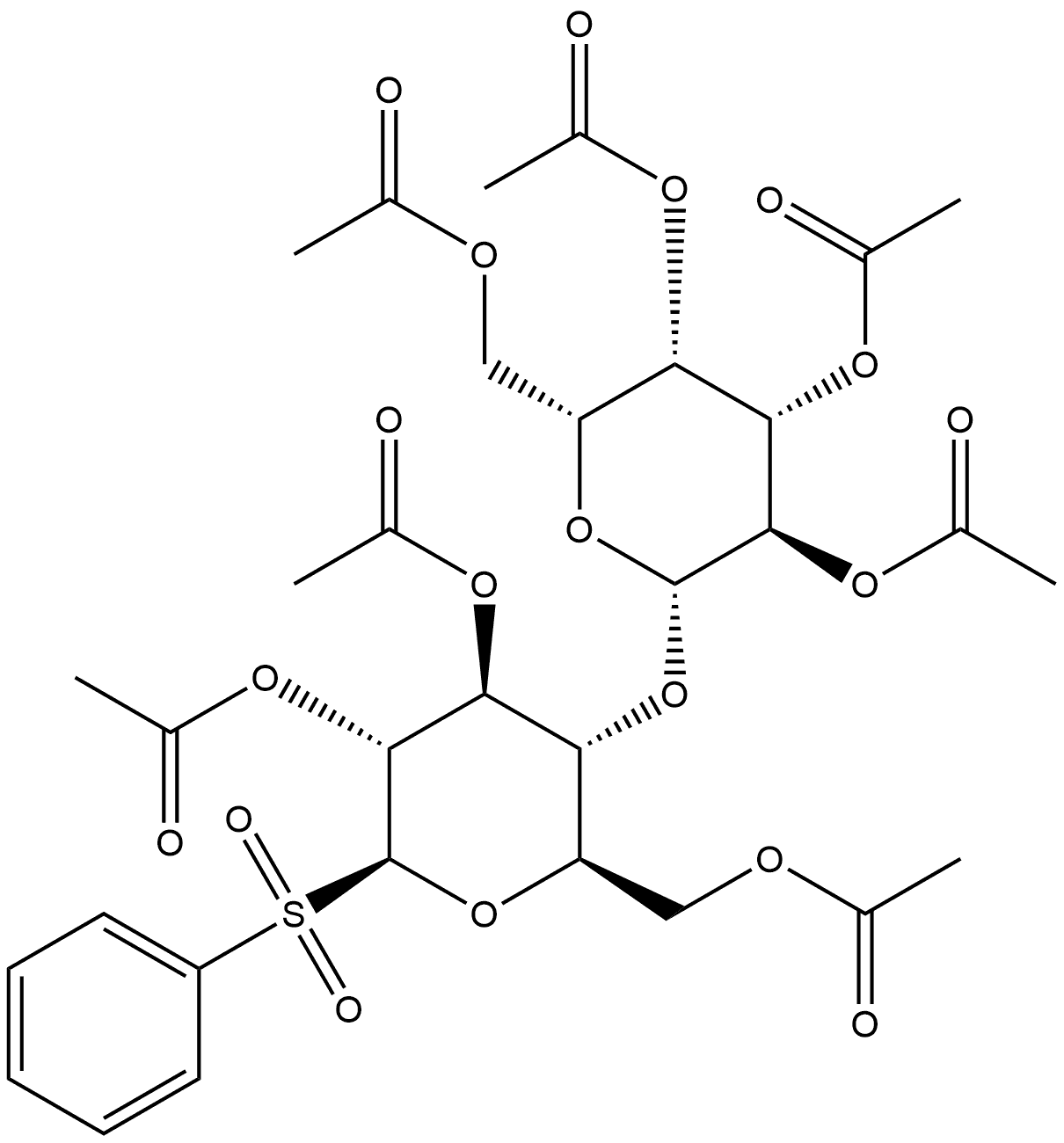 β-D-Glucopyranose, 1-deoxy-1-(phenylsulfonyl)-4-O-(2,3,4,6-tetra-O-acetyl-β-D-galactopyranosyl)-, triacetate (9CI) Structure