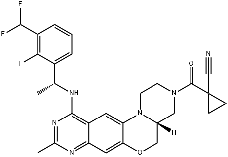 Cyclopropanecarbonitrile, 1-[[(4aR)-11-[[(1R)-1-[3-(difluoromethyl)-2-fluorophenyl]ethyl]amino]-1,2,4a,5-tetrahydro-9-methylpyrazino[2,1-c]pyrimido[5,4-g][1,4]benzoxazin-3(4H)-yl]carbonyl]- Structure