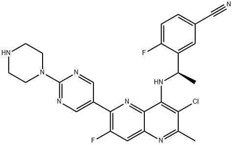 Benzonitrile, 3-[(1R)-1-[[3-chloro-7-fluoro-2-methyl-6-[2-(1-piperazinyl)-5-pyrimidinyl]-1,5-naphthyridin-4-yl]amino]ethyl]-4-fluoro- Structure