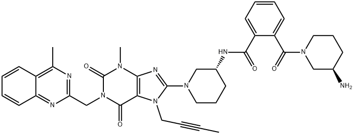 Benzamide, 2-[[(3R)-3-amino-1-piperidinyl]carbonyl]-N-[(3R)-1-[7-(2-butyn-1-yl)-2,3,6,7-tetrahydro-3-methyl-1-[(4-methyl-2-quinazolinyl)methyl]-2,6-dioxo-1H-purin-8-yl]-3-piperidinyl]- 구조식 이미지