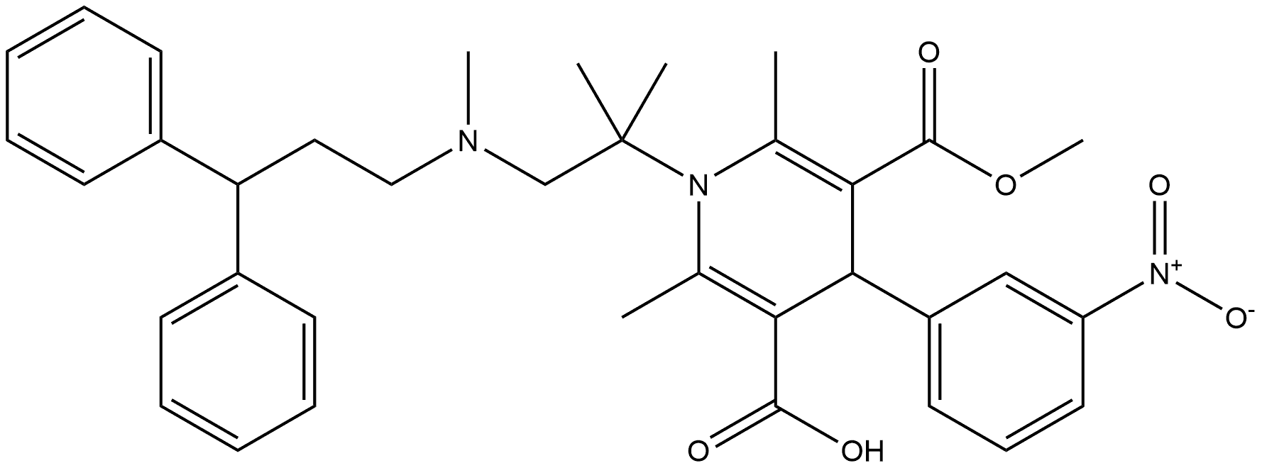 3,5-Pyridinedicarboxylic acid, 1-[2-[(3,3-diphenylpropyl)methylamino]-1,1-dimethylethyl]-1,4-dihydro-2,6-dimethyl-4-(3-nitrophenyl)-, 3-methyl ester Structure