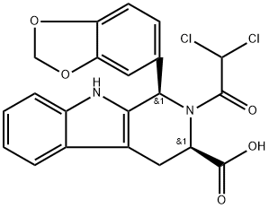 1H-Pyrido[3,4-b]indole-3-carboxylic acid, 1-(1,3-benzodioxol-5-yl)-2-(2,2-dichloroacetyl)-2,3,4,9-tetrahydro-, (1R,3R)-rel- 구조식 이미지