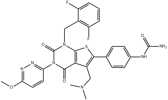 Urea, N-[4-[1-[(2,6-difluorophenyl)methyl]-5-[(dimethylamino)methyl]-1,2,3,4-tetrahydro-3-(6-methoxy-3-pyridazinyl)-2,4-dioxothieno[2,3-d]pyrimidin-6-yl]phenyl]- Structure