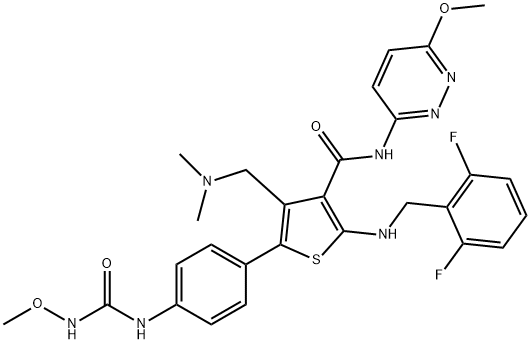 3-Thiophenecarboxamide, 2-[[(2,6-difluorophenyl)methyl]amino]-4-[(dimethylamino)methyl]-5-[4-[[(methoxyamino)carbonyl]amino]phenyl]-N-(6-methoxy-3-pyridazinyl)- 구조식 이미지