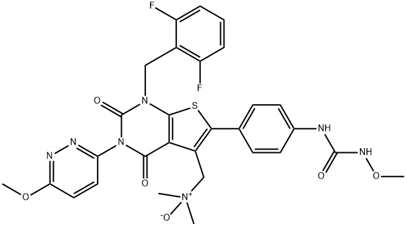 Urea, N-[4-[1-[(2,6-difluorophenyl)methyl]-5-[(dimethyloxidoamino)methyl]-1,2,3,4-tetrahydro-3-(6-methoxy-3-pyridazinyl)-2,4-dioxothieno[2,3-d]pyrimidin-6-yl]phenyl]-N'-methoxy- 구조식 이미지