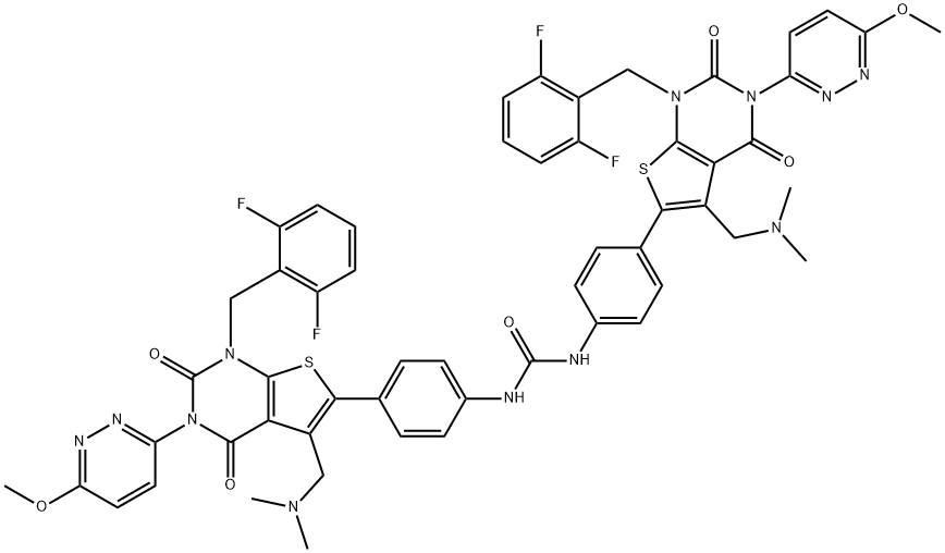 Urea, N,N'-bis[4-[1-[(2,6-difluorophenyl)methyl]-5-[(dimethylamino)methyl]-1,2,3,4-tetrahydro-3-(6-methoxy-3-pyridazinyl)-2,4-dioxothieno[2,3-d]pyrimidin-6-yl]phenyl]- 구조식 이미지