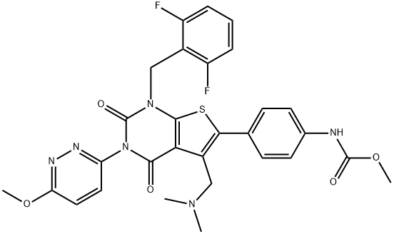 Carbamic acid, N-[4-[1-[(2,6-difluorophenyl)methyl]-5-[(dimethylamino)methyl]-1,2,3,4-tetrahydro-3-(6-methoxy-3-pyridazinyl)-2,4-dioxothieno[2,3-d]pyrimidin-6-yl]phenyl]-, methyl ester Structure