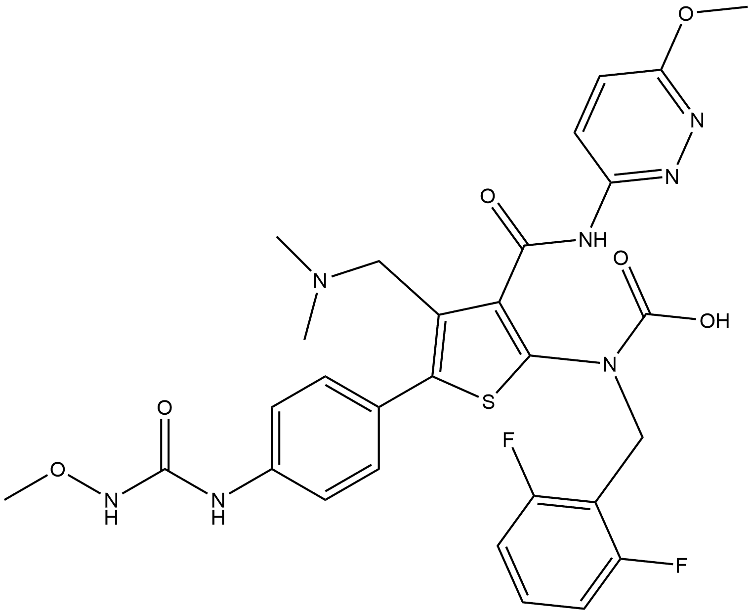 N-[(2,6-Difluorophenyl)methyl]-N-[4-[(dimethylamino)methyl]-5-[4-[[(methoxyamino)carbonyl]amino]phenyl]-3-[[(6-methoxy-3-pyridazinyl)amino]carbonyl]-2-thienyl]carbamic acid Structure