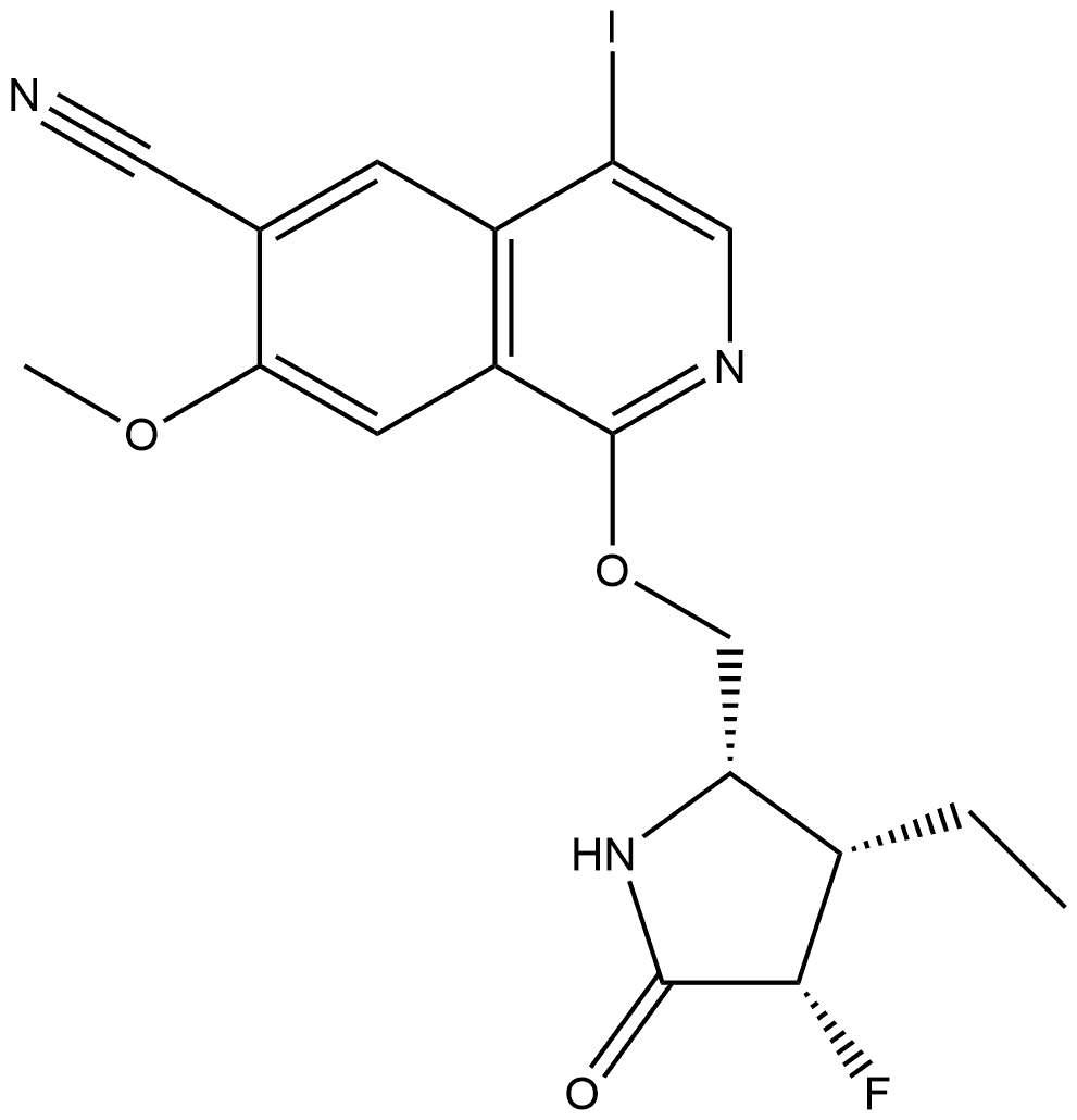 1-((2S,3S,4S)-3-Ethyl-4-fluoro-5-oxo-pyrrolidin-2-ylmethoxy)-4-iodo-7-methoxy-isoquinoline-6-carbonitrile Structure