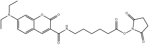 Hexanoic acid, 6-[[[7-(diethylamino)-2-oxo-2H-1-benzopyran-3-yl]carbonyl]amino]-, 2,5-dioxo-1-pyrrolidinyl ester Structure