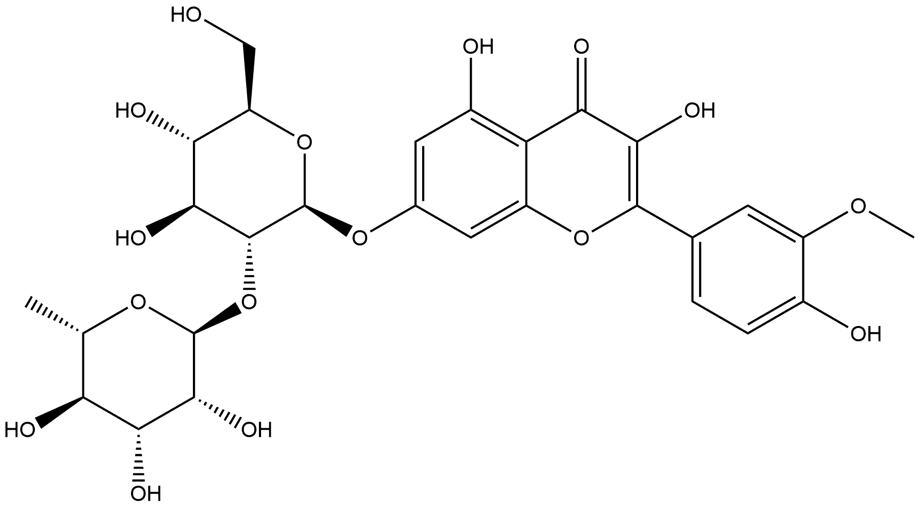 4H-1-Benzopyran-4-one, 7-[[2-O-(6-deoxy-α-L-mannopyranosyl)-β-D-glucopyranosyl]oxy]-3,5-dihydroxy-2-(4-hydroxy-3-methoxyphenyl)- 구조식 이미지
