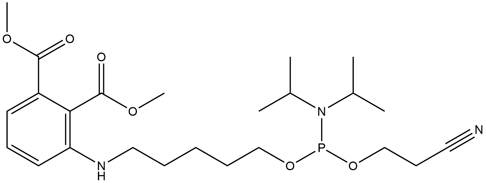 dimethyl 3-((5-(((2-cyanoethoxy)(diisopropylamino)phosphanyl)oxy)pentyl)amino)phthalate Structure