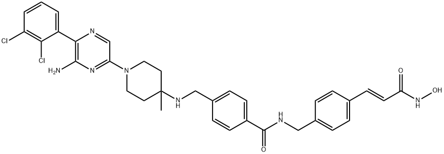 Benzamide, 4-[[[1-[6-amino-5-(2,3-dichlorophenyl)-2-pyrazinyl]-4-methyl-4-piperidinyl]amino]methyl]-N-[[4-[(1E)-3-(hydroxyamino)-3-oxo-1-propen-1-yl]phenyl]methyl]- Structure