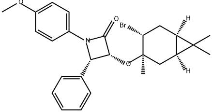 2-Azetidinone, 3-[[(1S,3R,4R,6R)-4-bromo-3,7,7-trimethylbicyclo[4.1.0]hept-3-yl]oxy]-1-(4-methoxyphenyl)-4-phenyl-, (3R,4S)- 구조식 이미지