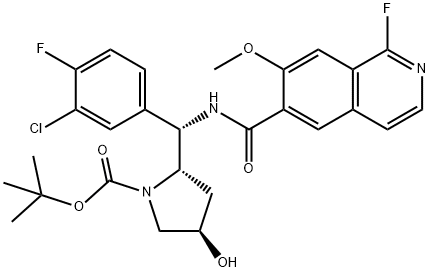 1-Pyrrolidinecarboxylic acid, 2-[(S)-(3-chloro-4-fluorophenyl)[[(1-fluoro-7-methoxy-6-isoquinolinyl)carbonyl]amino]methyl]-4-hydroxy-, 1,1-dimethylethyl ester, (2S,4R)- Structure