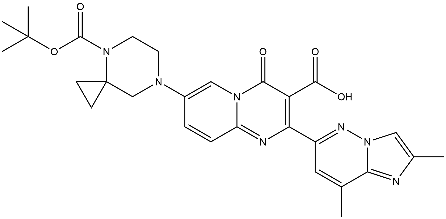 4-(1,1-Dimethylethyl) 7-[3-carboxy-2-(2,8-dimethylimidazo[1,2-b]pyridazin-6-yl)-4-oxo-4H-pyrido[1,2-a]pyrimidin-7-yl]-4,7-diazaspiro[2.5]octane-4-carboxylate Structure