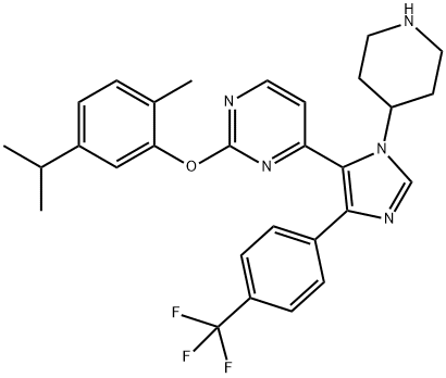 Pyrimidine, 2-[2-methyl-5-(1-methylethyl)phenoxy]-4-[1-(4-piperidinyl)-4-[4-(trifluoromethyl)phenyl]-1H-imidazol-5-yl]- Structure