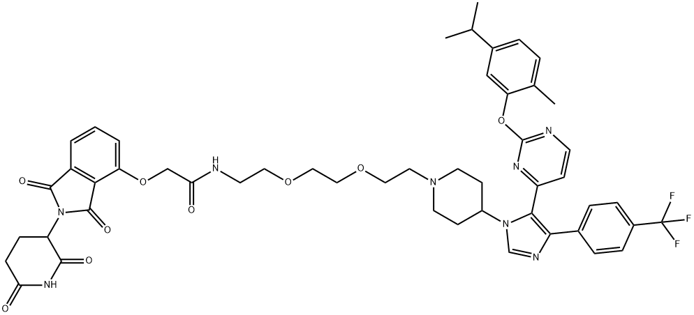Acetamide, 2-[[2-(2,6-dioxo-3-piperidinyl)-2,3-dihydro-1,3-dioxo-1H-isoindol-4-yl]oxy]-N-[2-[2-[2-[4-[5-[2-[2-methyl-5-(1-methylethyl)phenoxy]-4-pyrimidinyl]-4-[4-(trifluoromethyl)phenyl]-1H-imidazol-1-yl]-1-piperidinyl]ethoxy]ethoxy]ethyl]- 구조식 이미지