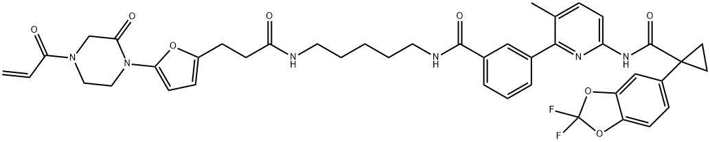 N-[5-[[3-[6-[[[1-(2,2-Difluoro-1,3-benzodioxol-5-yl)cyclopropyl]carbonyl]amino]-3-methyl-2-pyridinyl]benzoyl]amino]pentyl]-5-[2-oxo-4-(1-oxo-2-propen-1-yl)-1-piperazinyl]-2-furanpropanamide 구조식 이미지