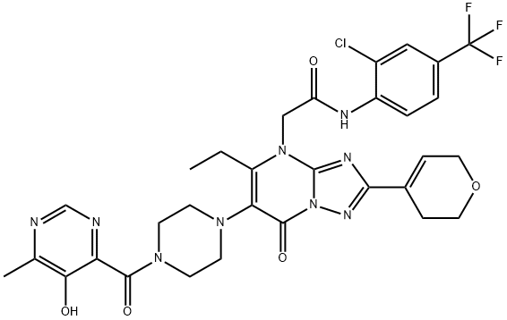 [1,2,4]Triazolo[1,5-a]pyrimidine-4(7H)-acetamide, N-[2-chloro-4-(trifluoromethyl)phenyl]-2-(3,6-dihydro-2H-pyran-4-yl)-5-ethyl-6-[4-[(5-hydroxy-6-methyl-4-pyrimidinyl)carbonyl]-1-piperazinyl]-7-oxo- 구조식 이미지