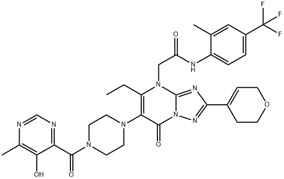 [1,2,4]Triazolo[1,5-a]pyrimidine-4(7H)-acetamide, 2-(3,6-dihydro-2H-pyran-4-yl)-5-ethyl-6-[4-[(5-hydroxy-6-methyl-4-pyrimidinyl)carbonyl]-1-piperazinyl]-N-[2-methyl-4-(trifluoromethyl)phenyl]-7-oxo- Structure