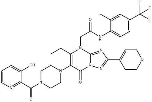 [1,2,4]Triazolo[1,5-a]pyrimidine-4(7H)-acetamide, 2-(3,6-dihydro-2H-pyran-4-yl)-5-ethyl-6-[4-[(3-hydroxy-2-pyridinyl)carbonyl]-1-piperazinyl]-N-[2-methyl-4-(trifluoromethyl)phenyl]-7-oxo- Structure