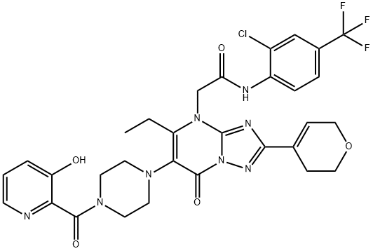 [1,2,4]Triazolo[1,5-a]pyrimidine-4(7H)-acetamide, N-[2-chloro-4-(trifluoromethyl)phenyl]-2-(3,6-dihydro-2H-pyran-4-yl)-5-ethyl-6-[4-[(3-hydroxy-2-pyridinyl)carbonyl]-1-piperazinyl]-7-oxo- Structure