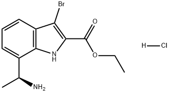 1H-Indole-2-carboxylic acid, 7-[(1S)-1-aminoethyl]-3-bromo-, ethyl ester, hydrochloride (1:1) Structure