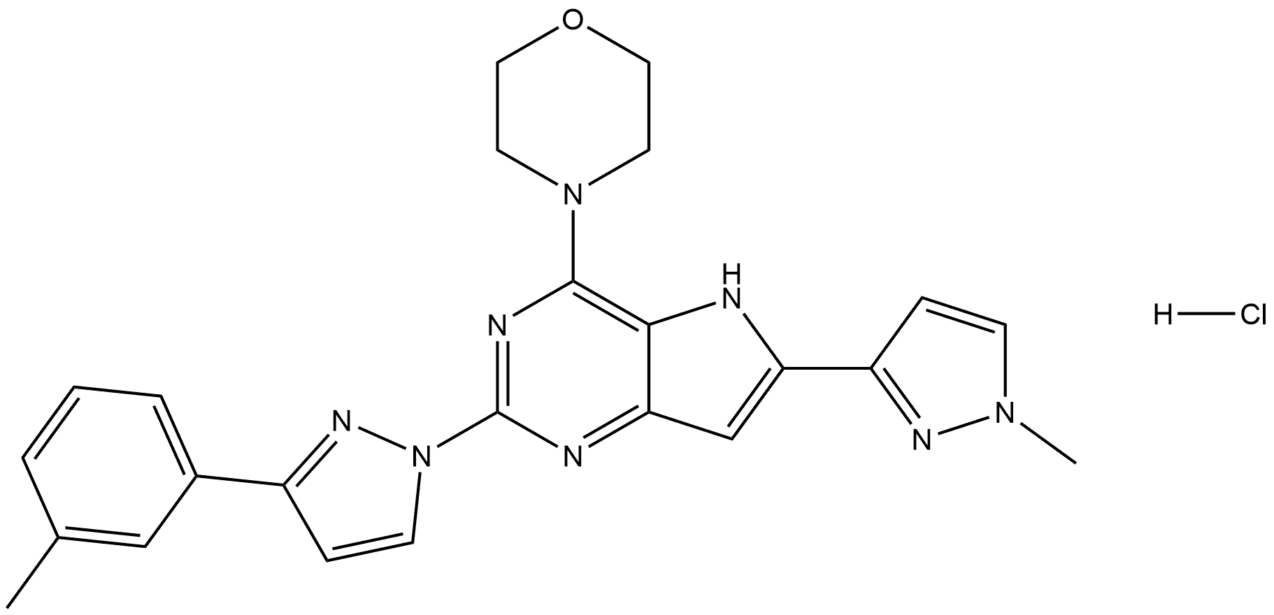 5H-Pyrrolo[3,2-d]pyrimidine, 2-[3-(3-methylphenyl)-1H-pyrazol-1-yl]-6-(1-methyl-1H-pyrazol-3-yl)-4-(4-morpholinyl)-, hydrochloride (1:1) Structure