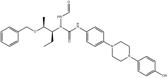 Hydrazinecarboxamide, 1-[(1S,2S)-1-ethyl-2-(phenylmethoxy)propyl]-2-formyl-N-[4-[4-(4-hydroxyphenyl)-1-piperazinyl]phenyl]- 구조식 이미지