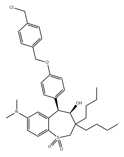 1-Benzothiepin-4-ol, 3,3-dibutyl-5-[4-[[4-(chloromethyl)phenyl]methoxy]phenyl]-7-(dimethylamino)-2,3,4,5-tetrahydro-, 1,1-dioxide, (4R,5R)- Structure