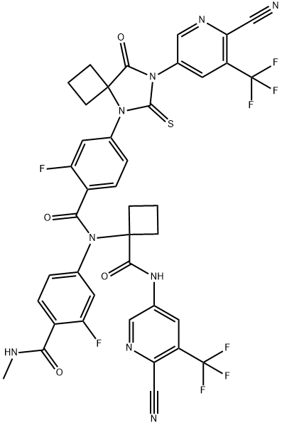 Benzamide, N-[1-[[[6-cyano-5-(trifluoromethyl)-3-pyridinyl]amino]carbonyl]cyclobutyl]-4-[7-[6-cyano-5-(trifluoromethyl)-3-pyridinyl]-8-oxo-6-thioxo-5,7-diazaspiro[3.4]oct-5-yl]-2-fluoro-N-[3-fluoro-4-[(methylamino)carbonyl]phenyl]- Structure