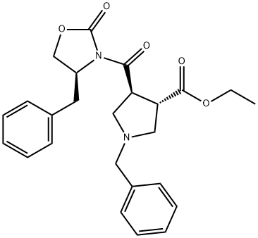 3-Pyrrolidinecarboxylic acid, 4-[[(4S)-2-oxo-4-(phenylmethyl)-3-oxazolidinyl]carbonyl]-1-(phenylmethyl)-, ethyl ester, (3S,4S)- Structure