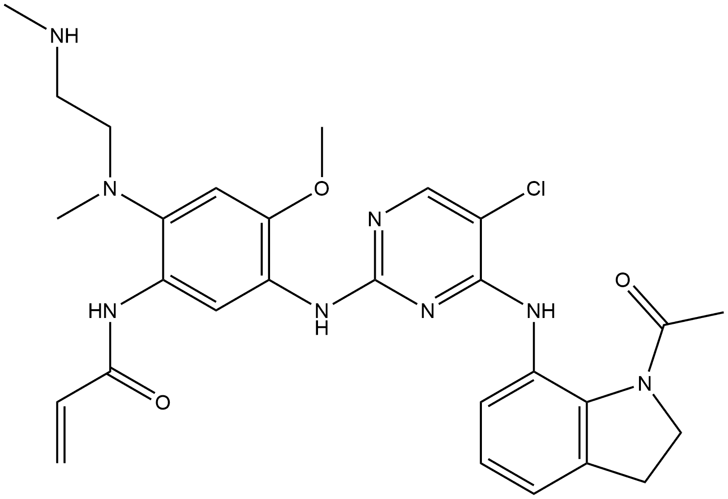 N-(5-((4-((1-Acetylindolin-7-yl)amino)-5-chloropyrimidin-2-yl)amino)-4-methoxy-2-(methyl(2-(methylamino)ethyl)amino)phenyl)acrylamide Structure