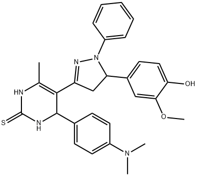 2(1H)-Pyrimidinethione, 5-[4,5-dihydro-5-(4-hydroxy-3-methoxyphenyl)-1-phenyl-1H-pyrazol-3-yl]-4-[4-(dimethylamino)phenyl]-3,4-dihydro-6-methyl- Structure