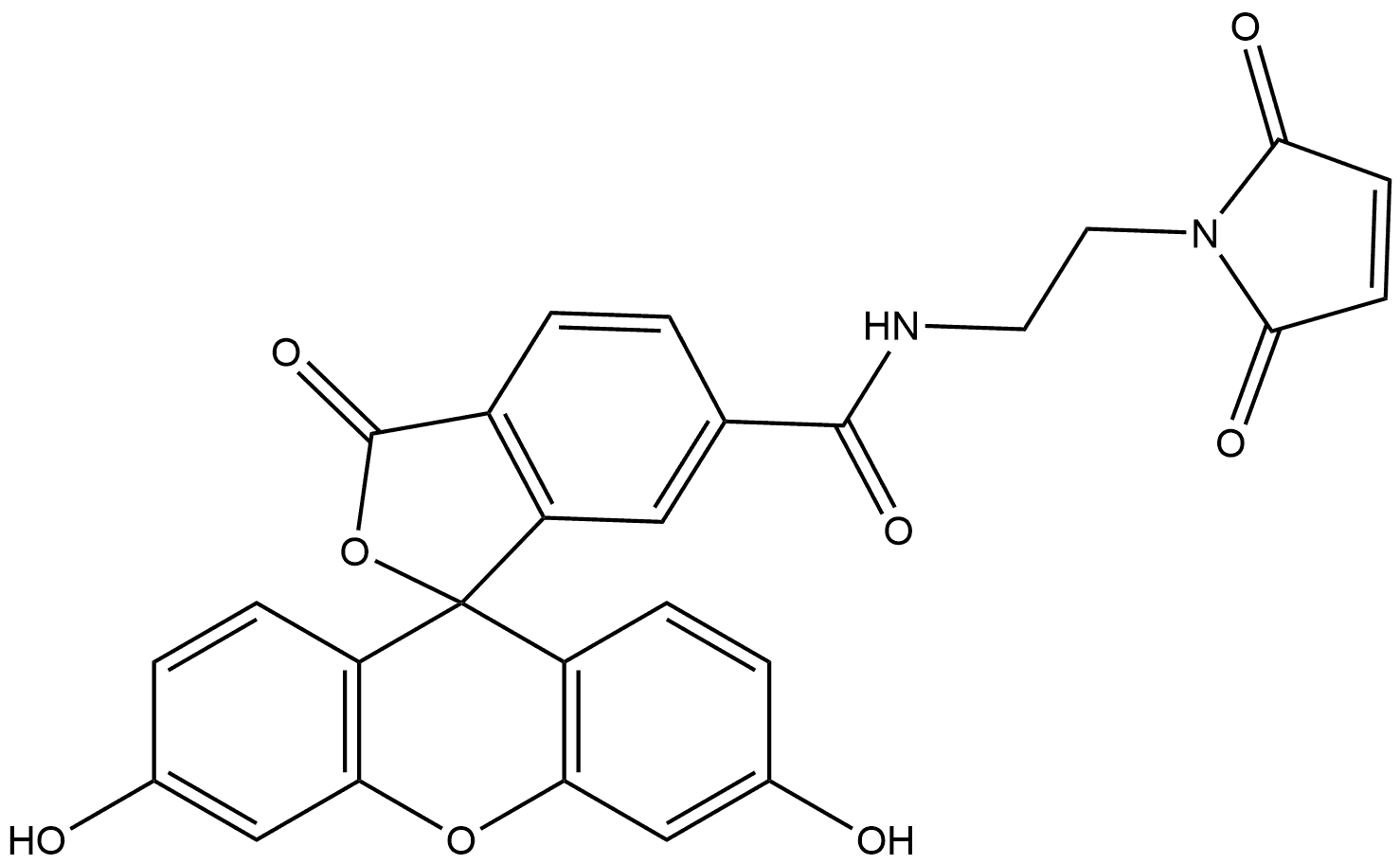 Spiro[isobenzofuran-1(3H),9′-[9H]xanthene]-6-carboxamide, N-[2-(2,5-dihydro-2,5-dioxo-1H-pyrrol-1-yl)ethyl]-3′,6′-dihydroxy-3-oxo- Structure