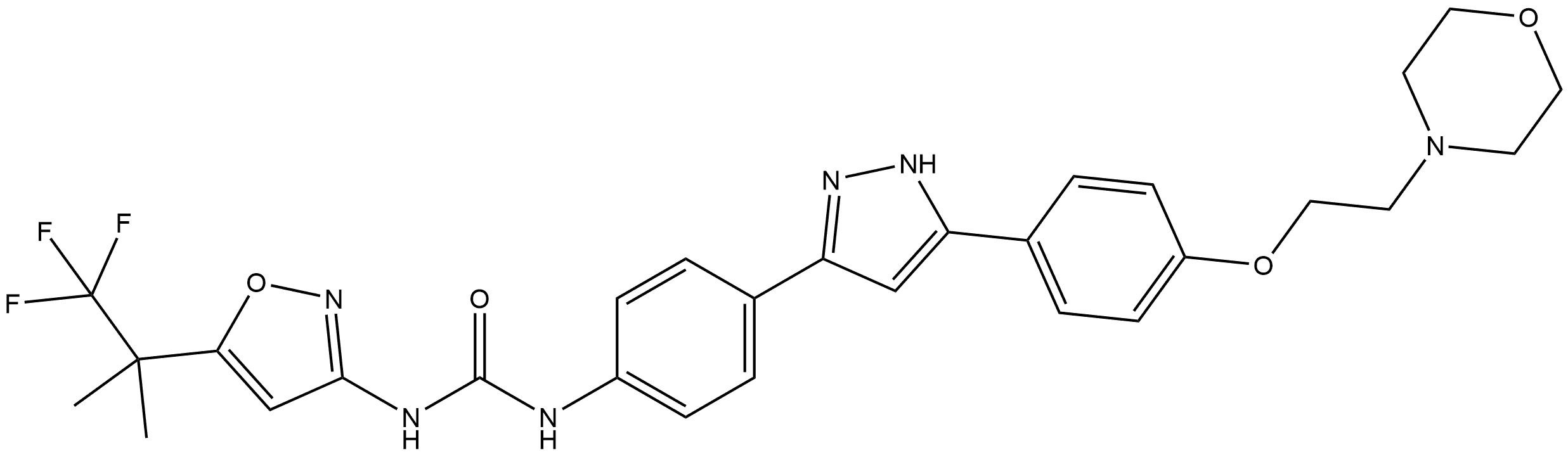 Urea, N-[4-[5-[4-[2-(4-morpholinyl)ethoxy]phenyl]-1H-pyrazol-3-yl]phenyl]-N′-[5-(2,2,2-trifluoro-1,1-dimethylethyl)-3-isoxazolyl]- Structure