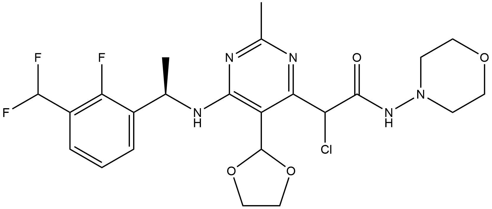 2-chloro-2-(6-(((R)-1-(3-(difluoromethyl)-2-fluorophenyl)ethyl)amino)-5-(1,3-dioxolane-2-yl)-2-methylpyrimidin-4-yl)-N-morpholinoacetamide Structure