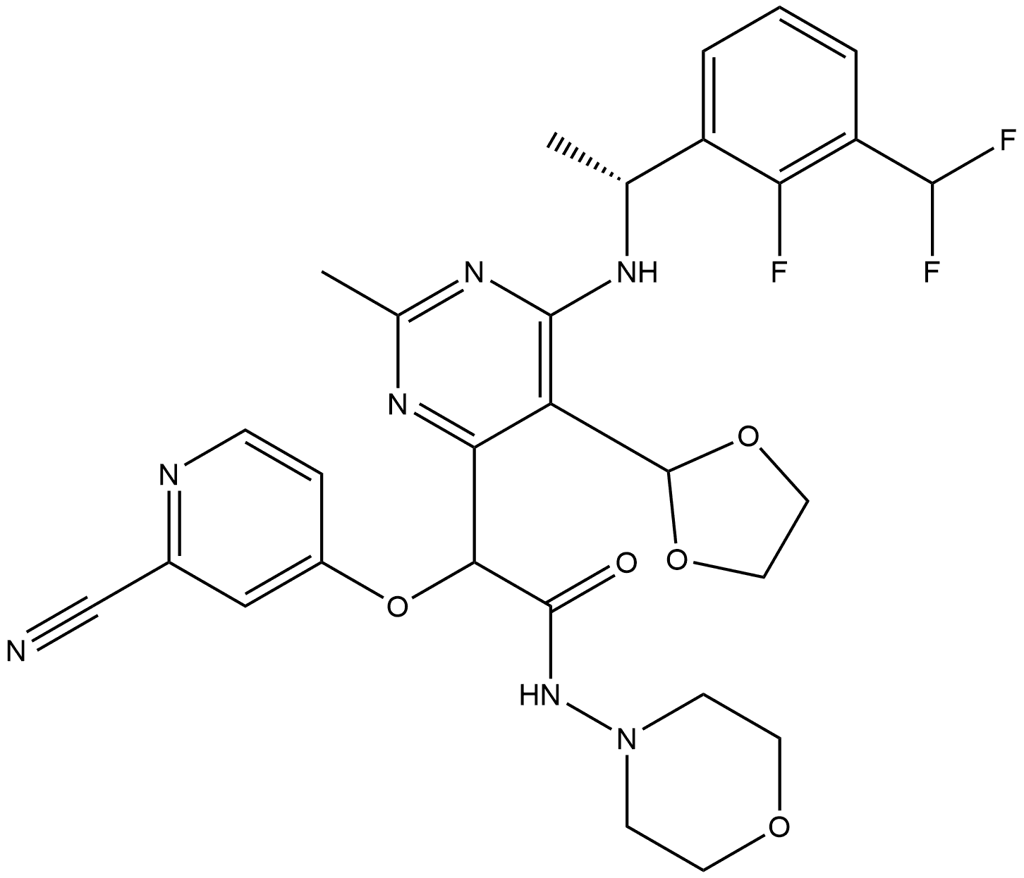 2-((2-cyanopyridin-4-yl)oxy)-2-(6-(((R)-1-(3-(difluoromethyl)-2-fluorophenyl)ethyl)amino)-5-(1,3-dioxolan-2-yl)-2-methylpyrimidin-4-yl)-N-morpholinoacetamide Structure