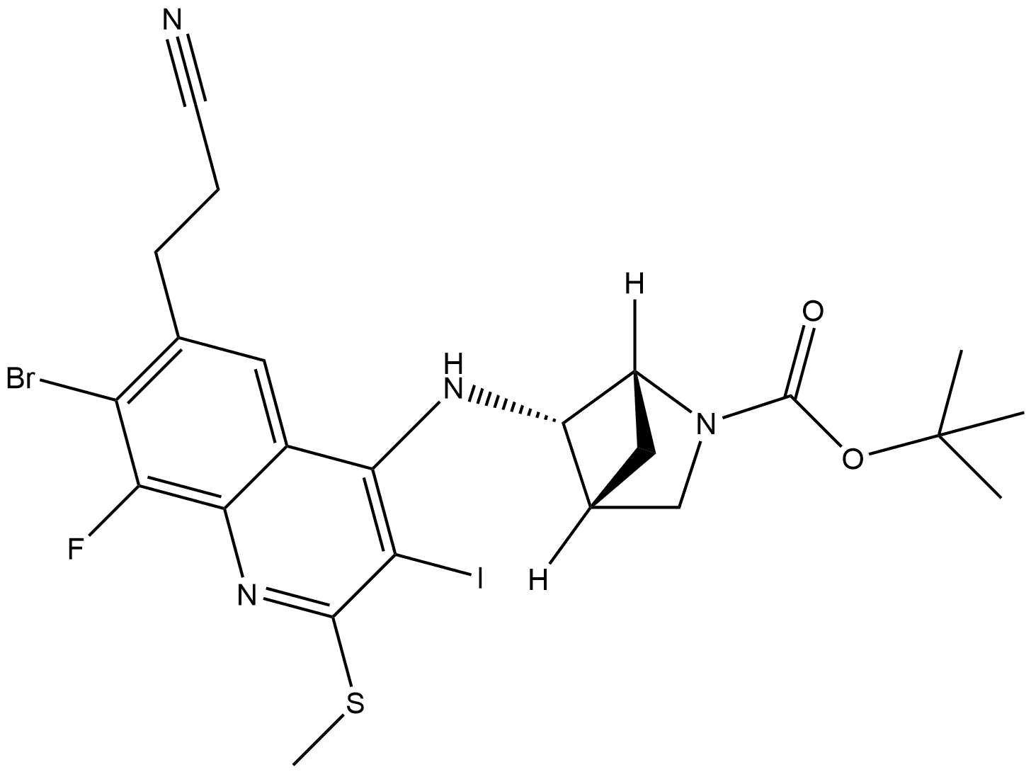 2-Azabicyclo[2.1.1]hexane-2-carboxylic acid, 5-[[7-bromo-6-(2-cyanoethyl)-8-fluoro-3-iodo-2-(methylthio)-4-quinolinyl]amino]-, 1,1-dimethylethyl ester, (1R,4R,5S)- Structure