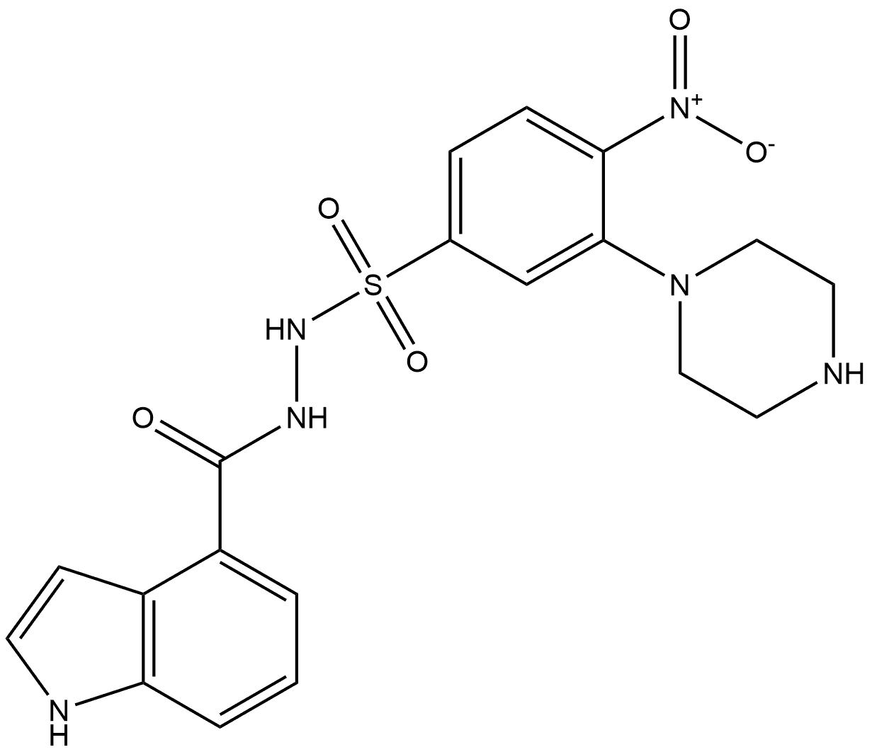 N'-(1H-indole-4-carbonyl)-4-nitro-3-(piperazin-1-yl)benzenesulfonohydrazide Structure