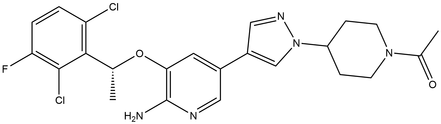 Ethanone, 1-[4-[4-[6-amino-5-[(1R)-1-(2,6-dichloro-3-fluorophenyl)ethoxy]-3-pyridinyl]-1H-pyrazol-1-yl]-1-piperidinyl]- Structure