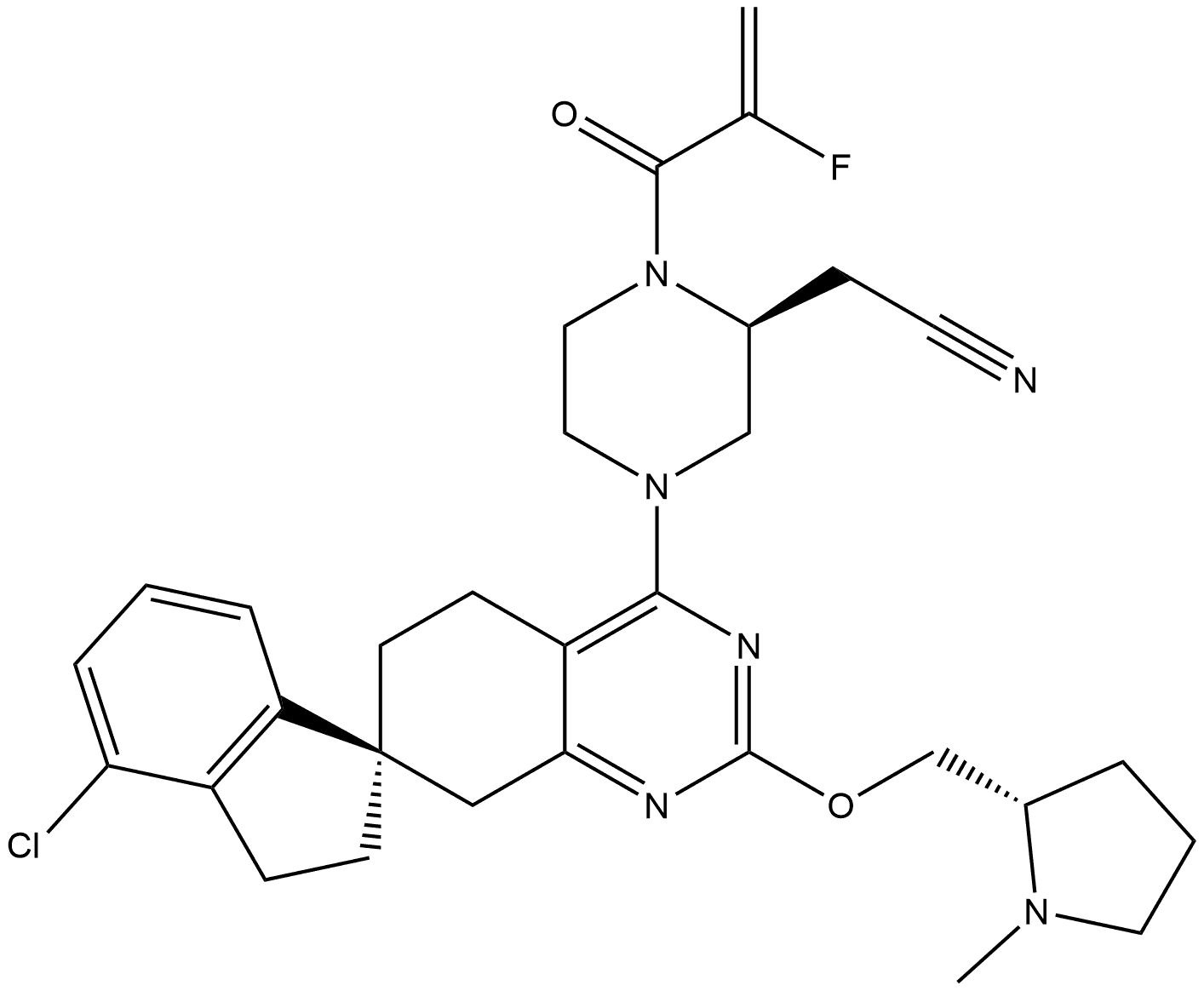 2-Piperazineacetonitrile, 4-[(1R)-4-chloro-2,3,5′,8′-tetrahydro-2′-[[(2S)-1-methyl-2-pyrrolidinyl]methoxy]spiro[1H-indene-1,7′(6′H)-quinazolin]-4′-yl]-1-(2-fluoro-1-oxo-2-propen-1-yl)-, (2S)- 구조식 이미지