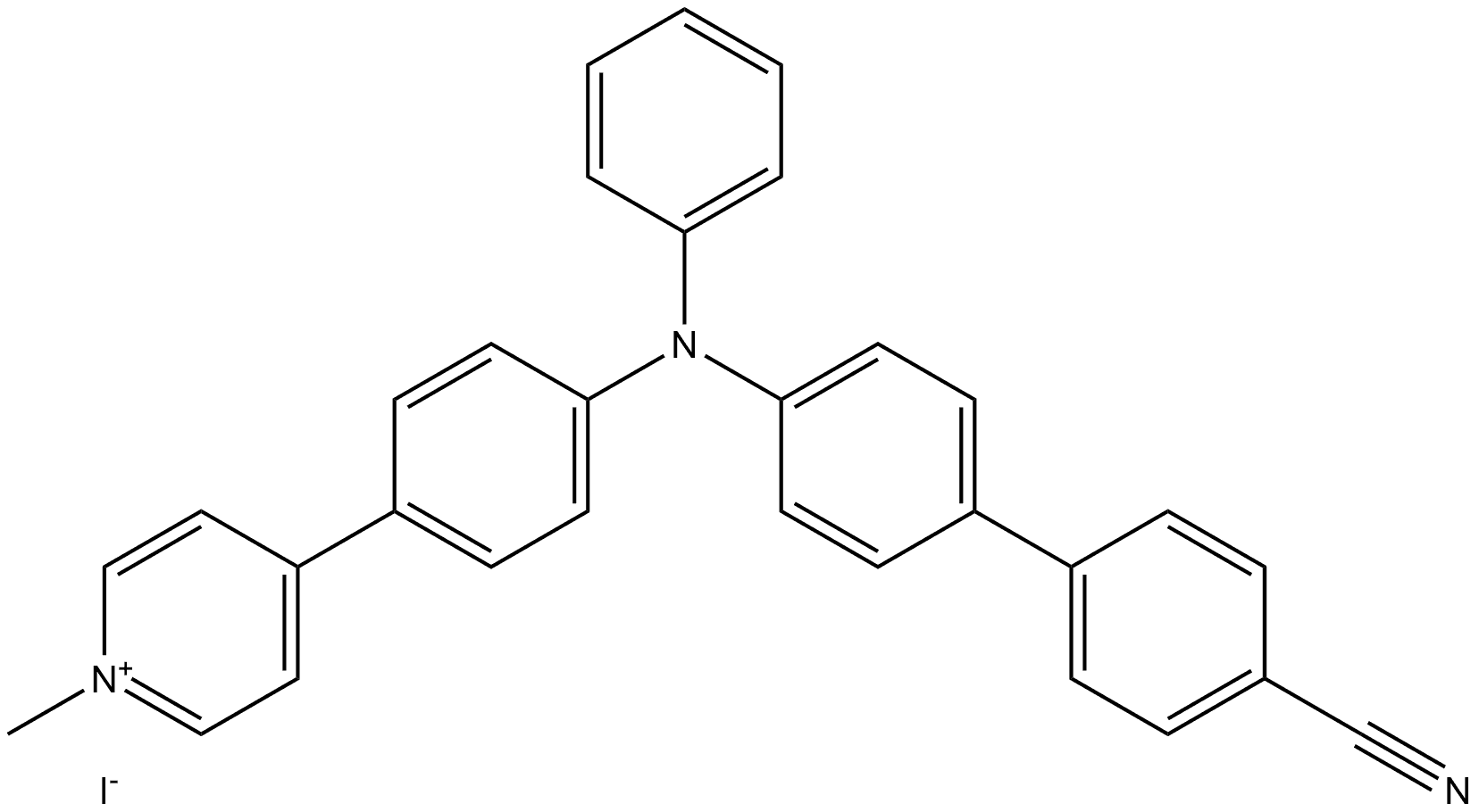 4-(4-((4'-cyano-[1,1'-biphenyl]-4-yl)(phenyl)amino)phenyl)-1-methylpyridin-1-ium iodide Structure